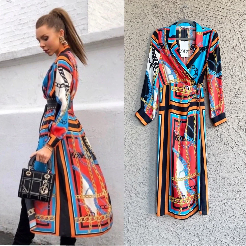 ZARA NWT BLOGGER FAVE Blue & Orange Chain Print Scarf Midi Shirt Dress Sz S - Picture 1 of 13